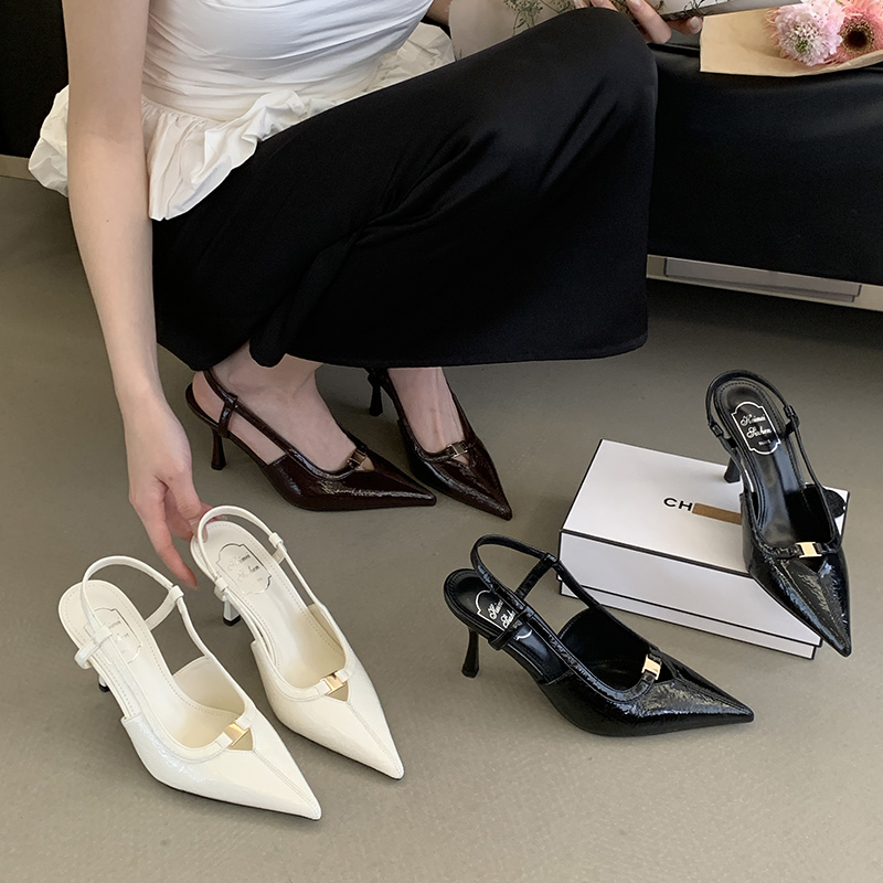 2026 New Fashion Elegant European American Shallow Mouth Pointed Toe Patent Leather Thin Heel Open Toe Women's High Heel Backless Shoes