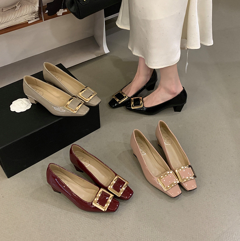 2026 New Women's Square Toe Patent Leather Loafers with Chunky Heel and Buckle - Black Wine Nude Gray