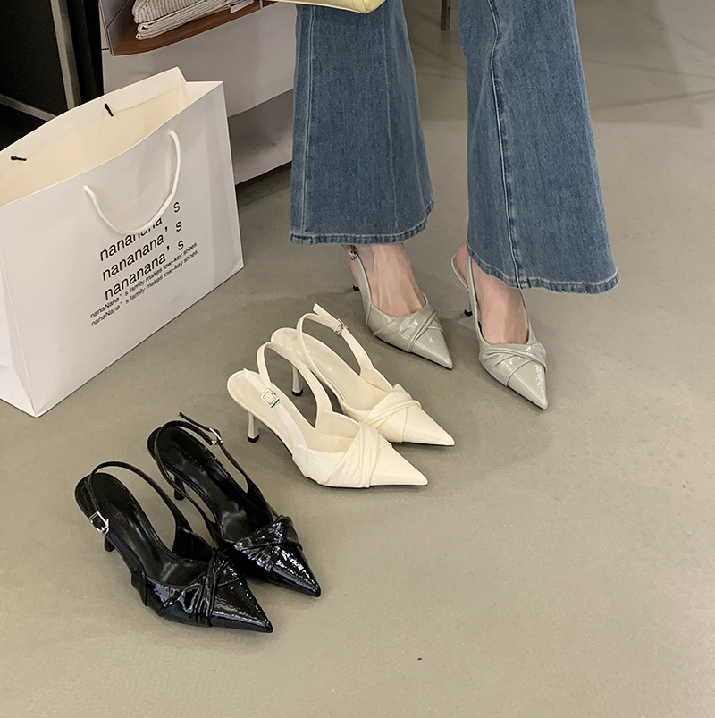 2026 Spring Women's Cream White Pointed Toe Pleated High Heel Backless Shoes