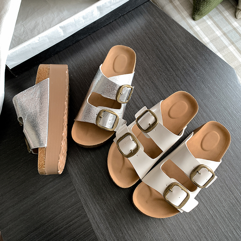 Crape Myrtle Retro Double Buckle Thick Sole Platform Beach Sandals Summer Women's Genuine Leather Slippers