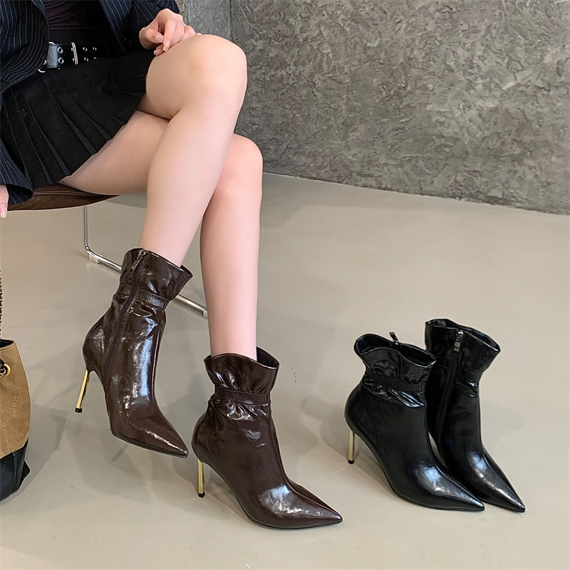 Elegant Ruffled Fashion Boots with Pointed Toe and Metal Heel for Women - Side Zipper Short Boots for Autumn Winter