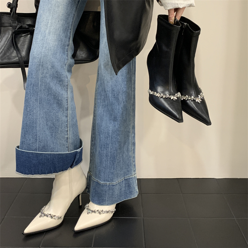 Fortune One Foot Korean Style Rhinestone Stretch Slim Boots for Women Pointed Toe Thin Heel Short Boots High Heel Slimming Side Zipper