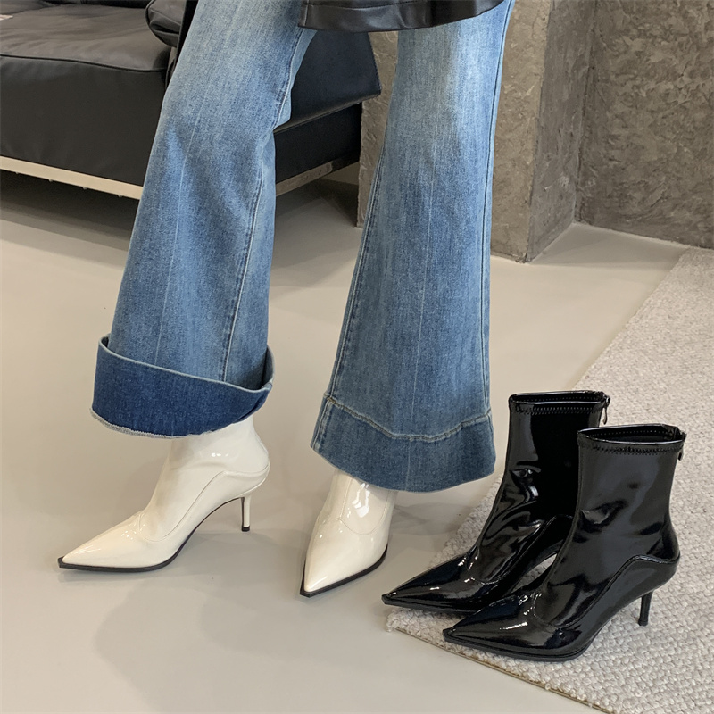 Wealthy Foot Patent Leather High Heel Short Boots Autumn Winter New Back Zipper White Pointed Toe Slim Boots French Style Ankle Boots Women
